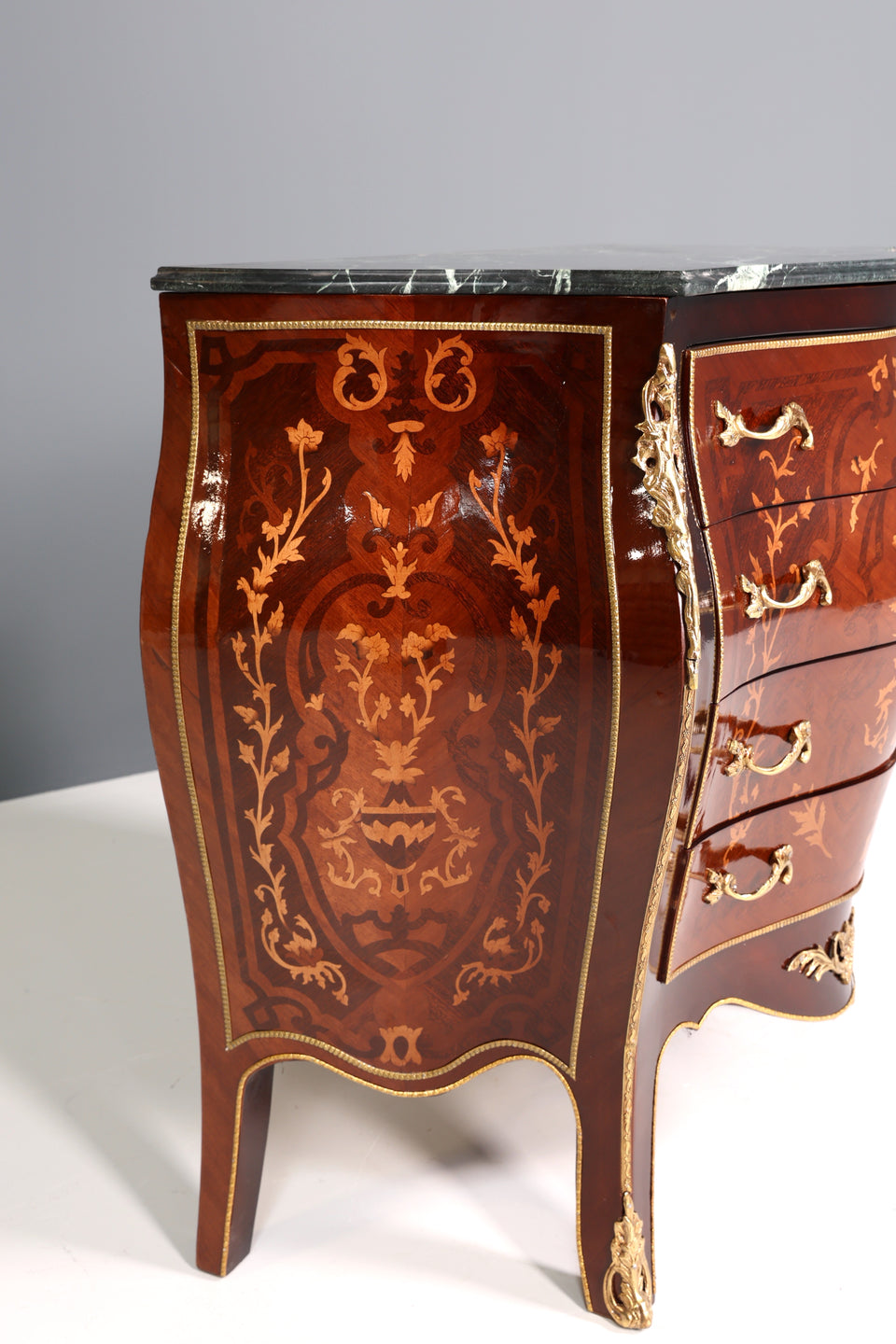 Königliche Bauchige Barock Kommode Messing Marmor Louis XV Antik Stil
