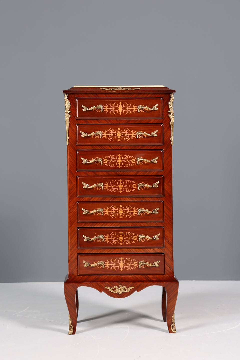 Edles Barock Stil Louis XV Highboard  Antik Stil Marmor Kommode Intarsien