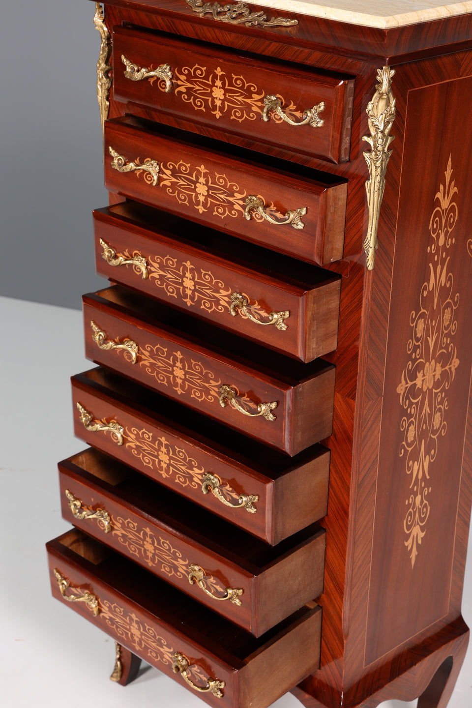 Edles Barock Stil Louis XV Highboard  Antik Stil Marmor Kommode Intarsien