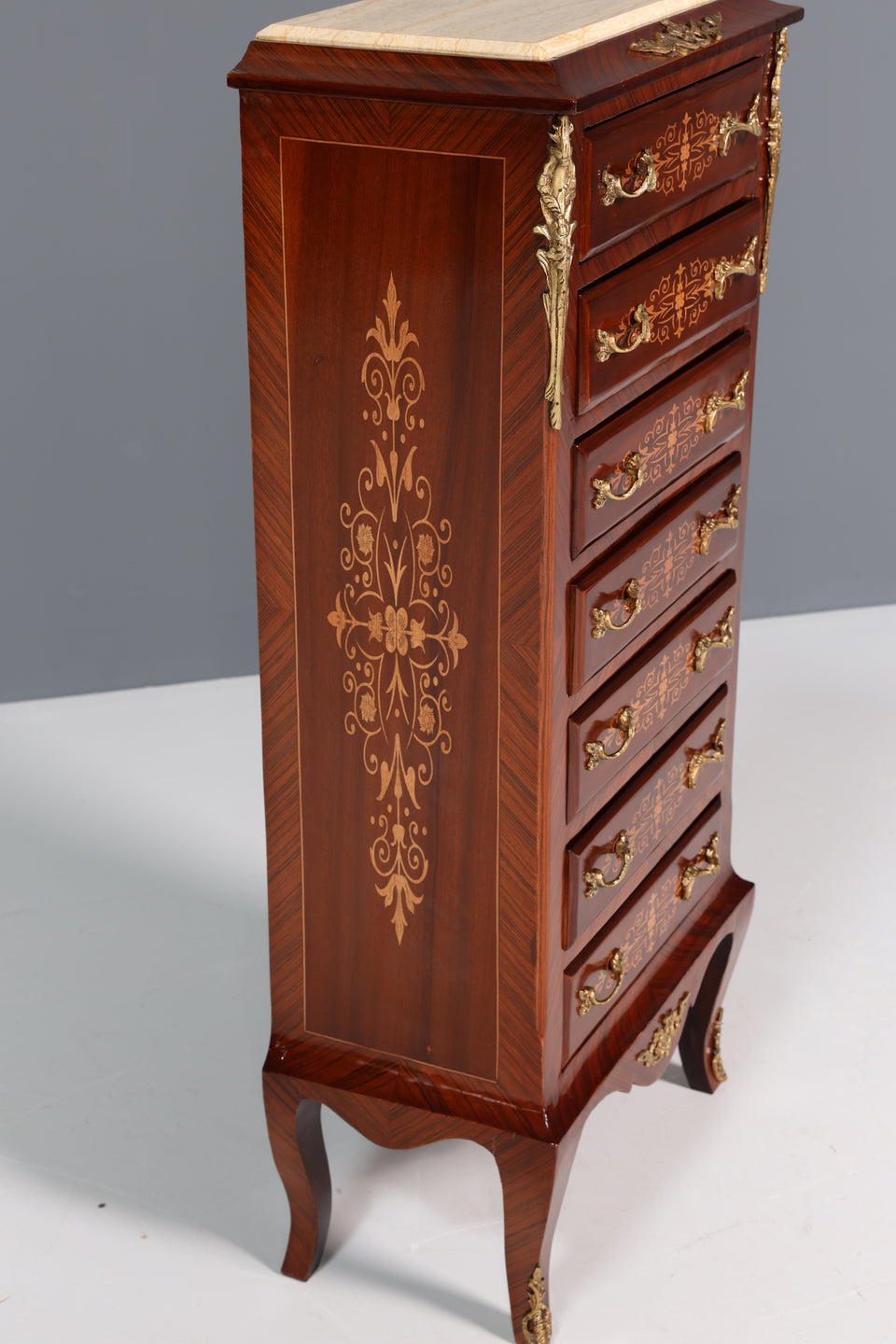 Edles Barock Stil Louis XV Highboard  Antik Stil Marmor Kommode Intarsien