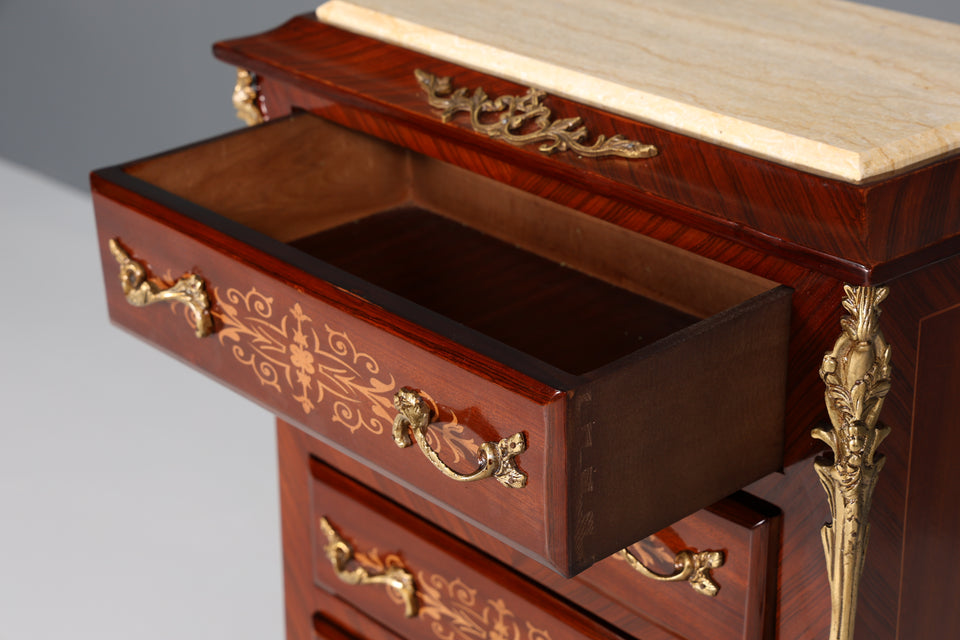 Edles Barock Stil Louis XV Highboard  Antik Stil Marmor Kommode Intarsien