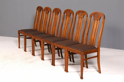 6x Wunderschöne Jugendstil Stühle Stuhl Set Antik Eiche Küchenstühle Esszimmerstühle um 1900