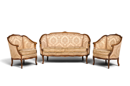 Hauptstadt Möblerei Chippendale Sitzgruppe im Barock Stil mit zwei Sesseln und Sofa aus beigem gemustertem Samtstoff