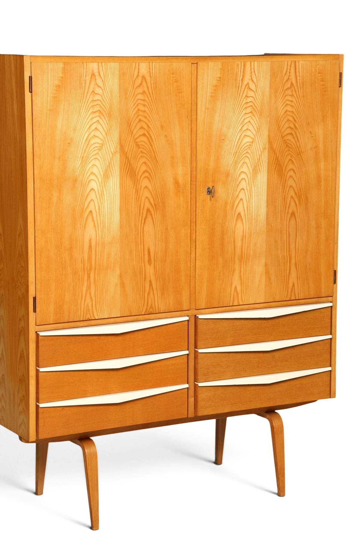 Hauptstadt Möblerei Hellerau Schrank Modell 427 aus Eschenholz im Mid-Century-Design mit Schubladen und Türen