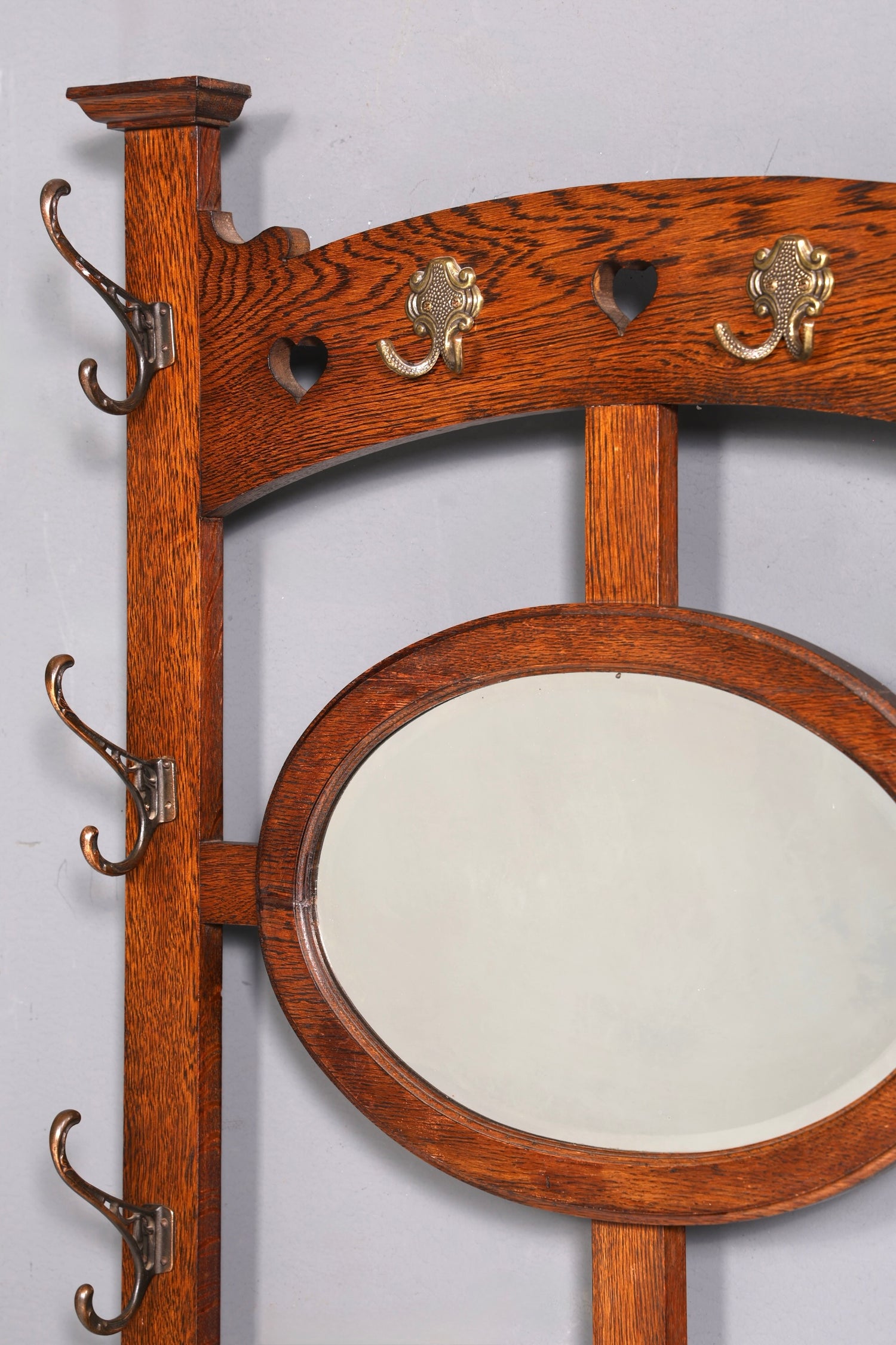 Stunning Art Nouveau hall tree, oak, antique coat rack with mirror, hallway furniture, wall-mounted coat rack