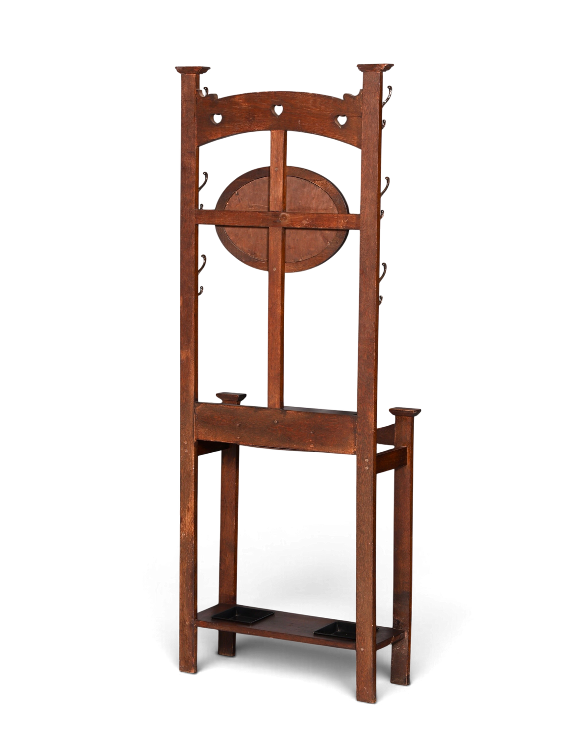Hauptstadt Möblerei Jugendstil Garderobe aus Eiche mit ovalem Spiegel, Messinghaken und integriertem Schirmständer