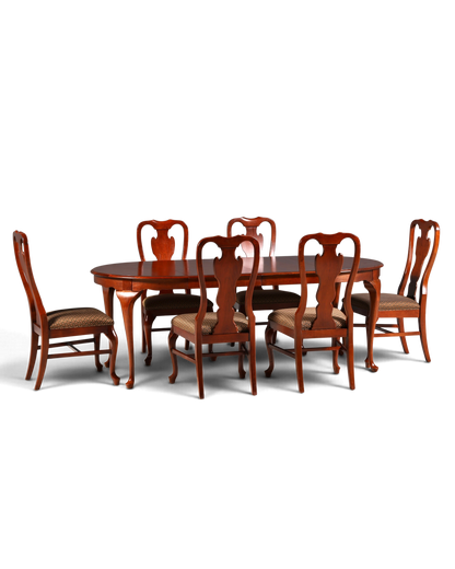 Hauptstadt Möblerei Drexel Heritage Esszimmer-Set mit sechs Chippendale Stühlen aus Holz und gemustertem Stoff