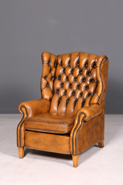 Wunderschöner Original Chesterfield Ohrenbackensessel Englisch Echt Leder Herrensessel Relaxsessel Liegefunktion Vintage