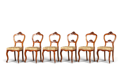 Hauptstadt Möblerei 6er-Set antike Louis Philippe Biedermeier Stühle aus Holz mit gemustertem Polsterbezug