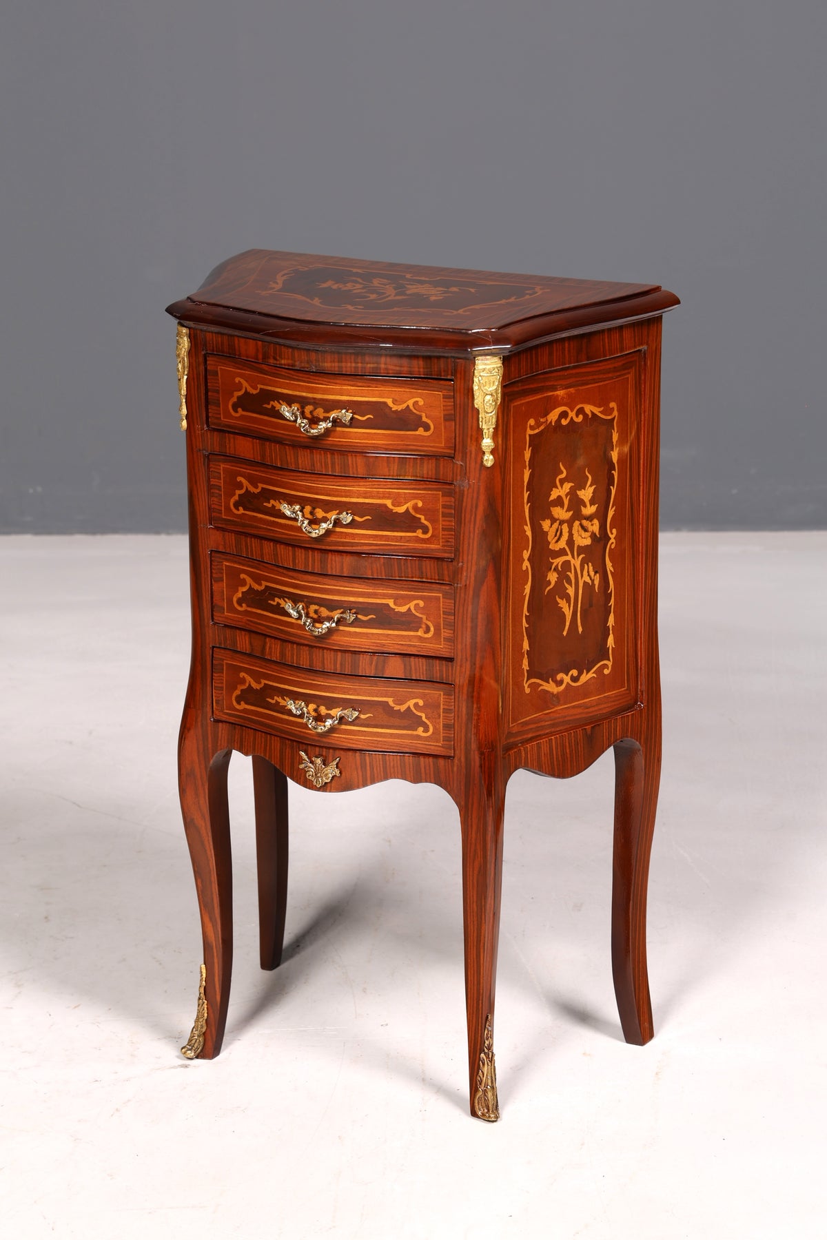 Elegant Baroque-style antique dresser, side table, brass cabinet, chest of drawers