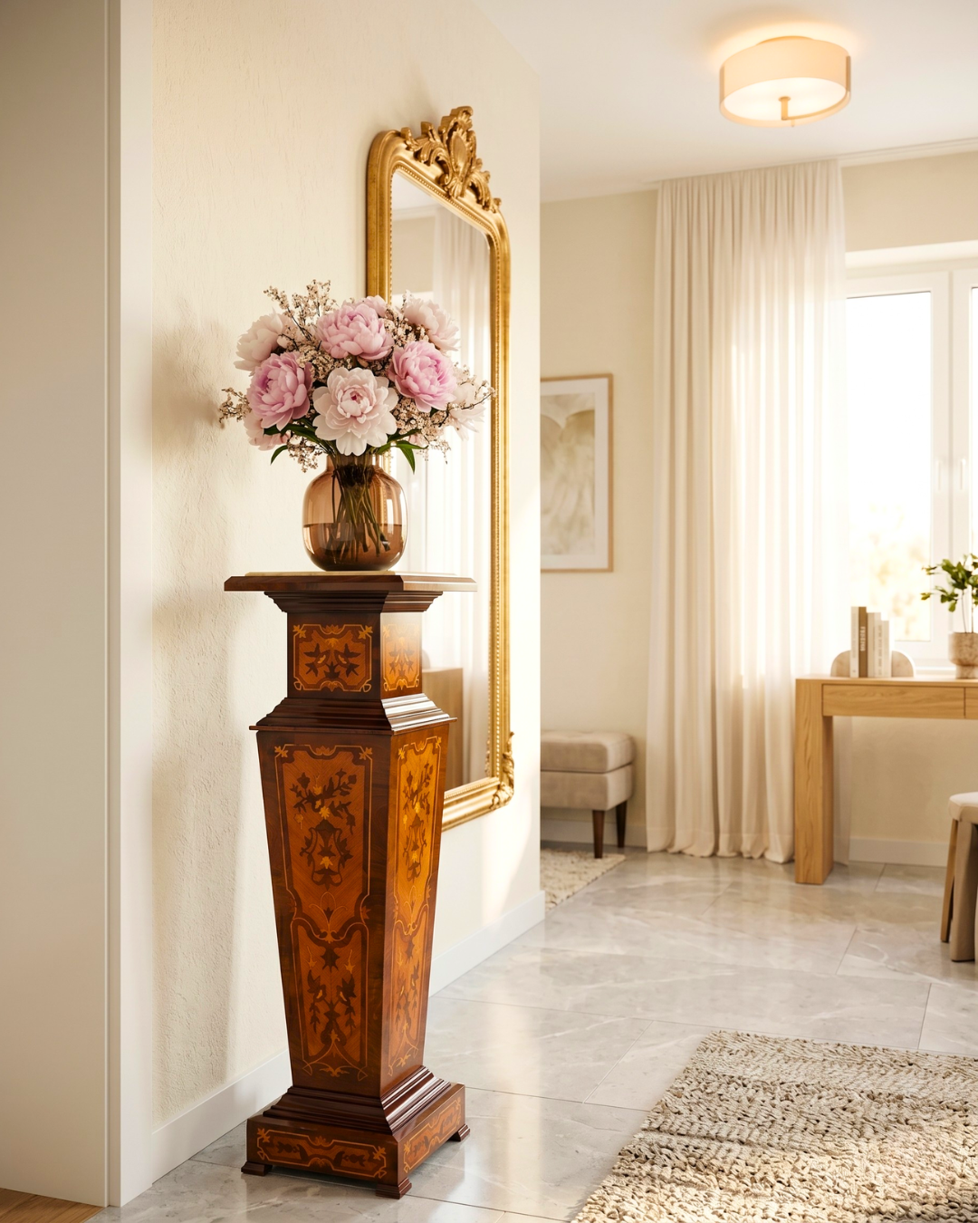 Stylish Baroque Column Louis XV Flower Column Marble Shelf Natural Stone Inlays Antique Style