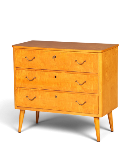 Hauptstadt Möblerei Mid Century Kommode aus massivem Holz mit drei Schubladen und Vintage-Beschlägen