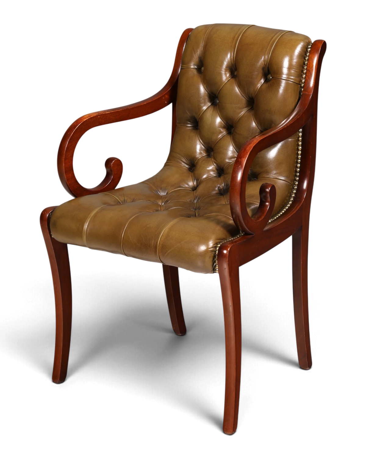 Eleganter Englischer Chesterfield Armlehnstuhl Echt Leder Grün Polsterstuhl Knopfheftung Sekretär Stuhl Esszimmerstuhl