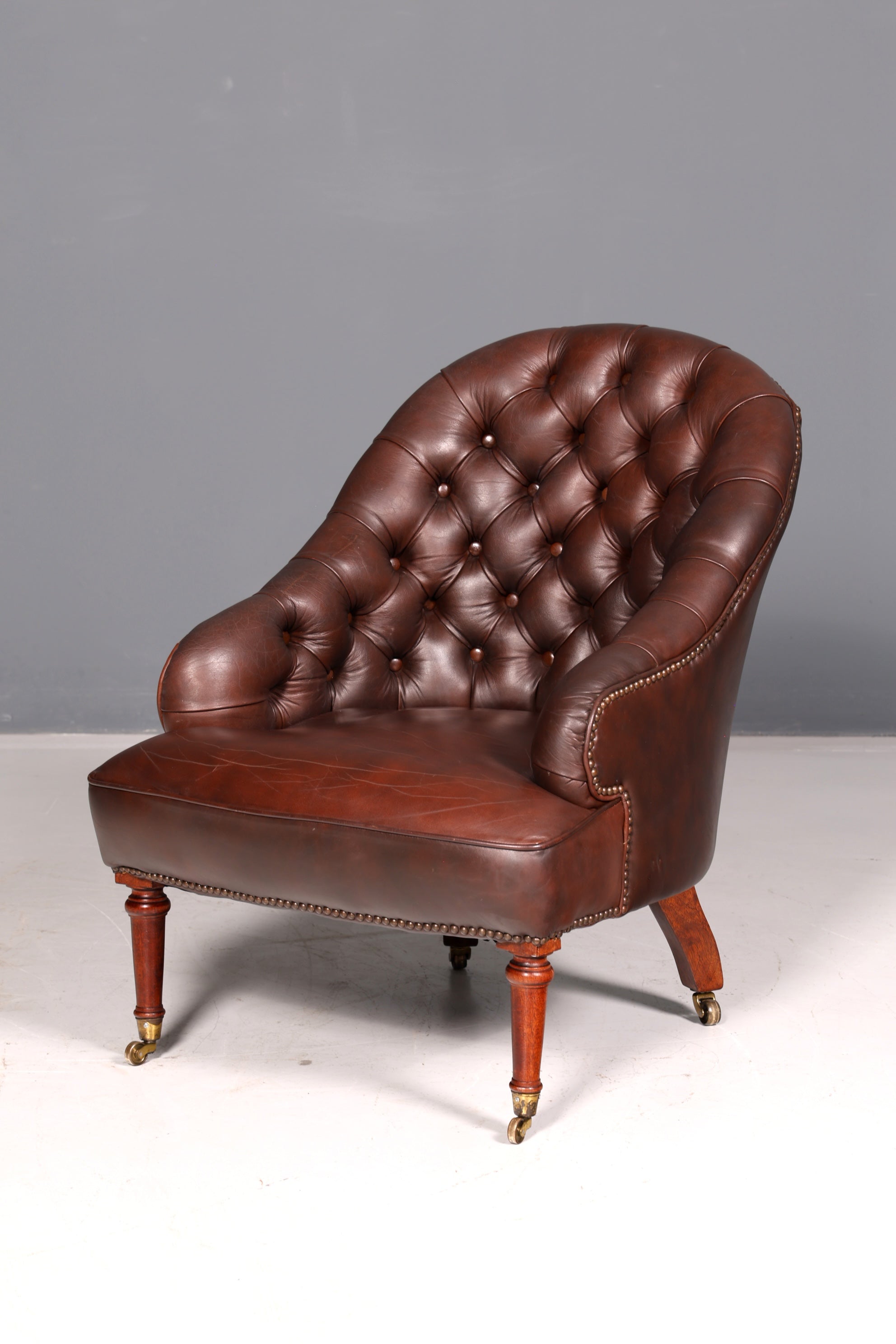 Wunderschöner Chesterfield Ledersessel Braun Echt Leder Englisch Clubsessel Sessel Knopfheftung Sekretär Stuhl Antik Vintage