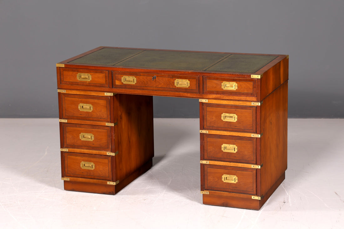 Noble Maritime Desk English Military Chest Office Table Genuine Leather Top Office Table