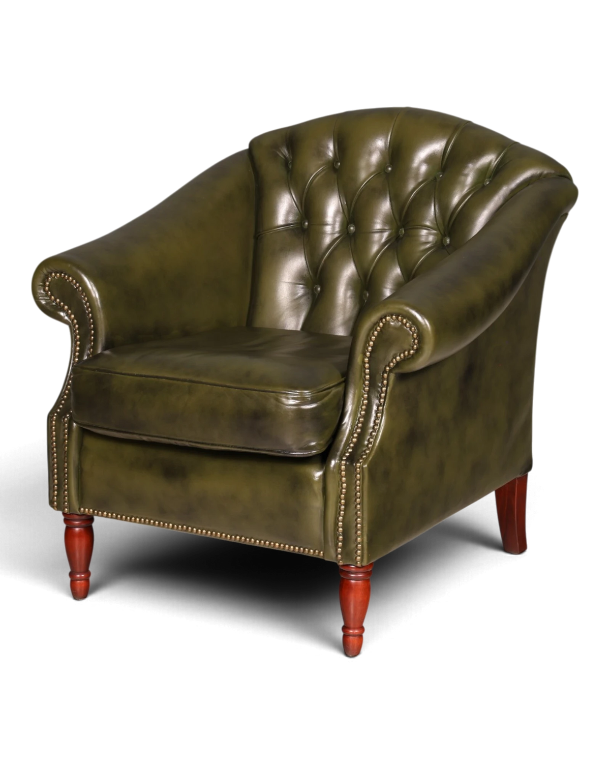 Noble English Chesterfield club armchair, green leather, tub chair, leather armchair with button tufting