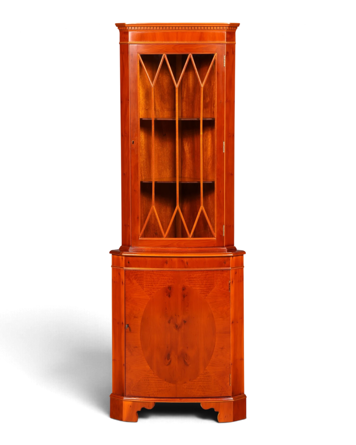 Stunning English yew corner display cabinet, corner cupboard, glass-fronted cabinet, display cabinet with mullioned door, 60s, solid wood, vintage