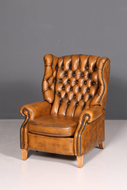 Original Chesterfield wingback armchair, genuine leather, English gentleman’s chair, leather armchair, soft leather, reclining function, antique vintage