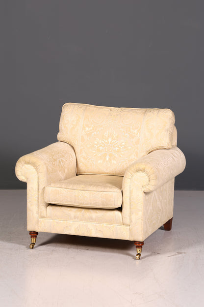 Wunderschöner Englischer Sessel Creme Gold Stoff Clubsessel Armlehnsessel Landhaus Loungesessel Vintage