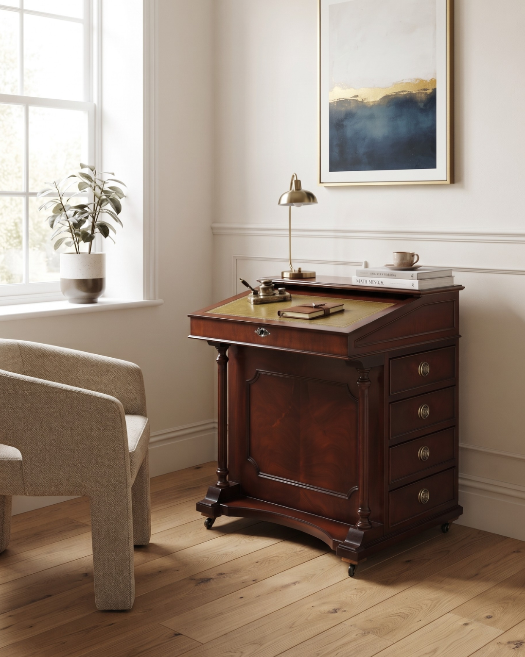 Wunderschöner Englischer Davenport Schreibtisch Desk Sekretär Lederauflage Kommode