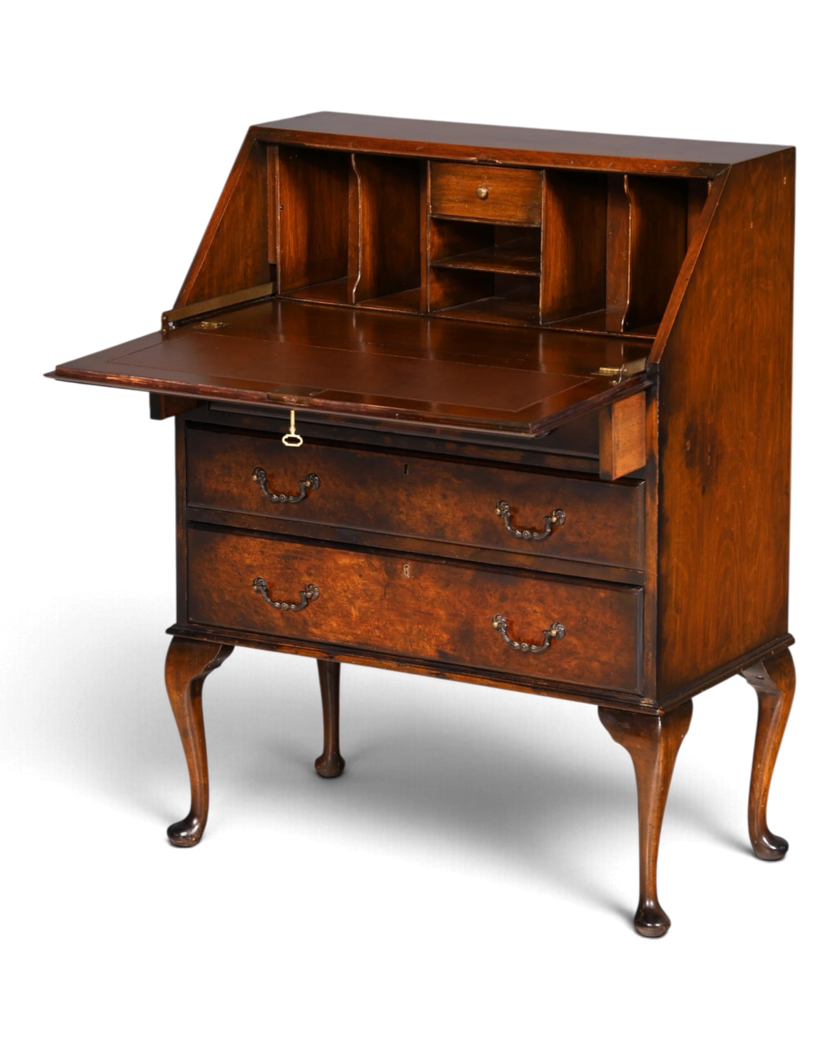 Edler Englischer Sekretär Queen Anne Stil Schreibkommode Chippendale Schreibtisch mit Lederauflage Bureau Vintage
