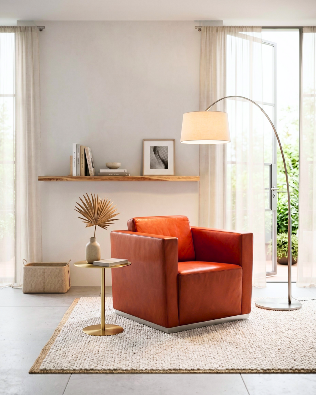 Hauptstadt Möblerei Walter Knoll Elton Sessel Modell 407 aus cognacfarbenem Leder in einem hellen Wohnzimmer