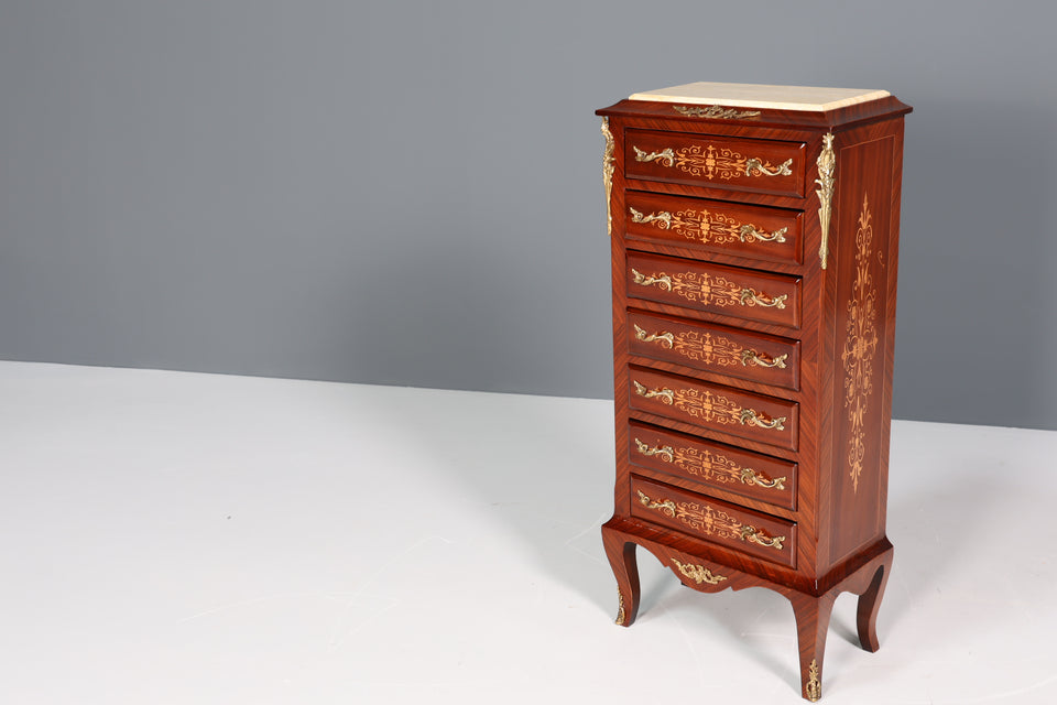 Edles Barock Stil Louis XV Highboard  Antik Stil Marmor Kommode Intarsien