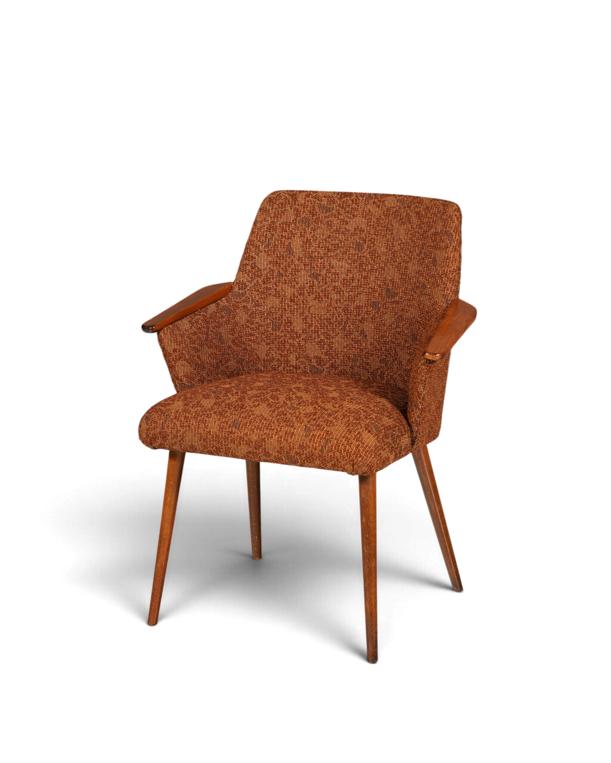Hauptstadt Möblerei kahverengi dokulu kumaş kaplamalı, ahşap kollu ve konik ayaklı şık Mid Century vintage sandalye.