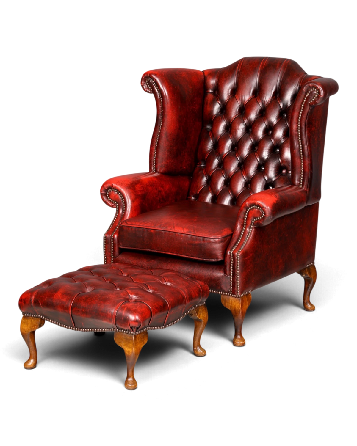 Original Chesterfield Queen Anne Ohrenbackensessel mit Hocker Oxblood Englisch Echt Leder Herrensessel UK Armlehnsessel