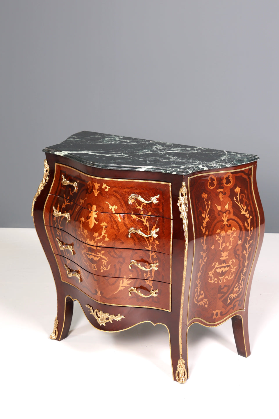 Königliche Bauchige Barock Kommode Messing Marmor Louis XV Antik Stil
