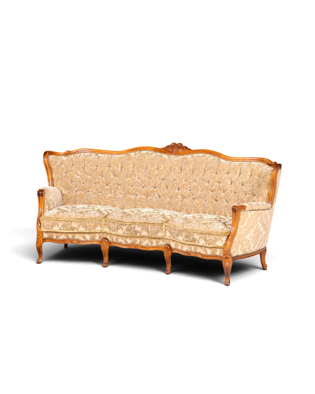 Hauptstadt Möblerei 3-Sitzer Chippendale Sofa im Barock-Stil mit beigem gemustertem Samtstoff und Holzrahmen