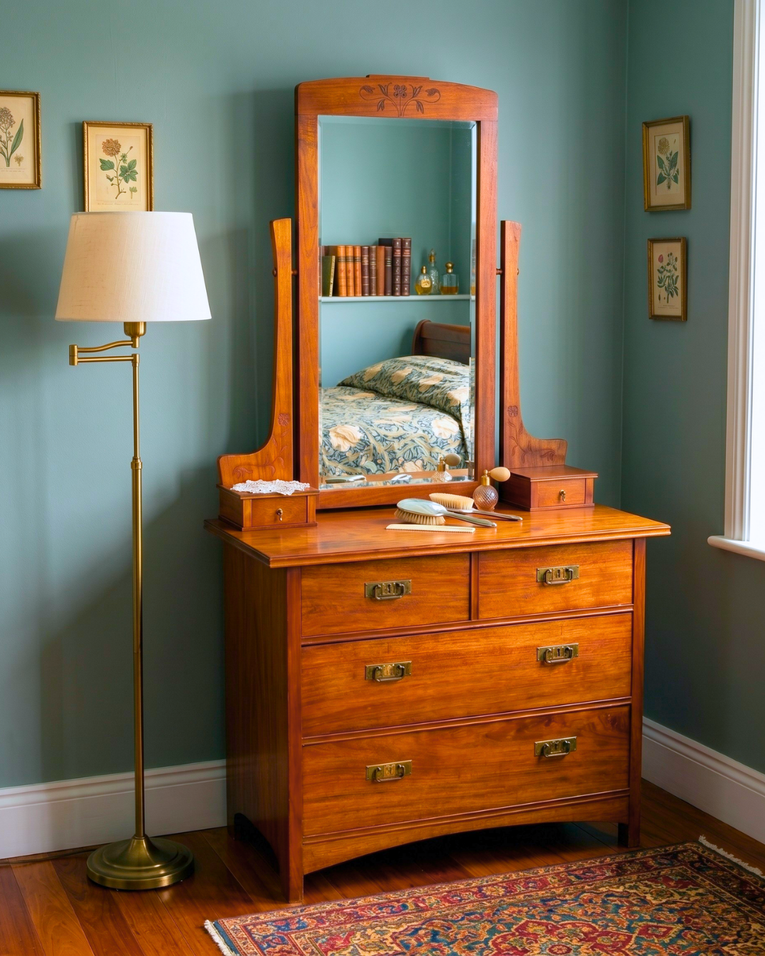 Dreamlike Art Nouveau antique sideboard with mirror, hallway chest, dressing table
