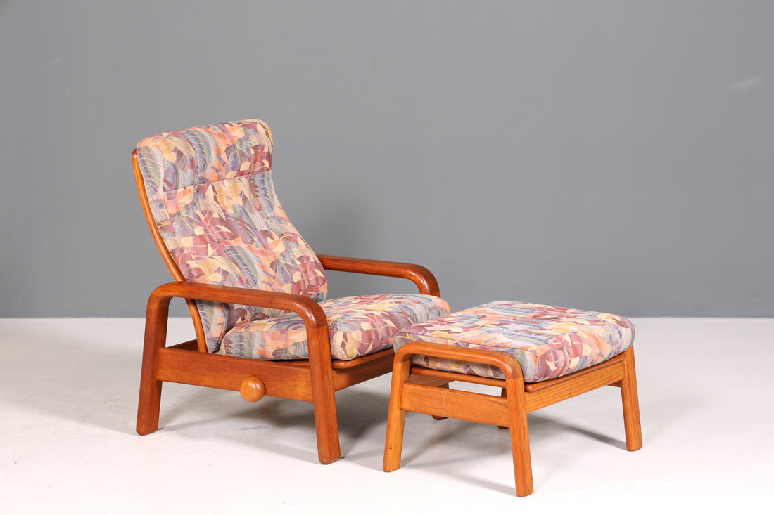 Stilvoller Mid Century Armlehnsessel mit Hocker HS Design Sessel Liegefunktion Teak Holz Lounge Sessel