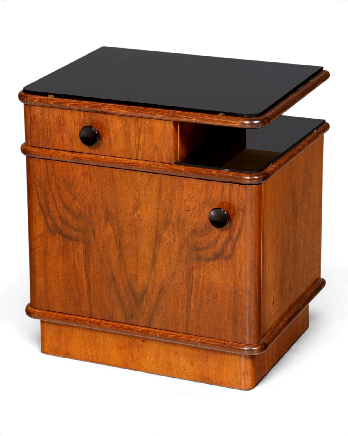 Elegant Art Deco bedside table by Jindřich Halabala, UP Závody, black glass top, nightstand, bedside cabinet 2 of 2