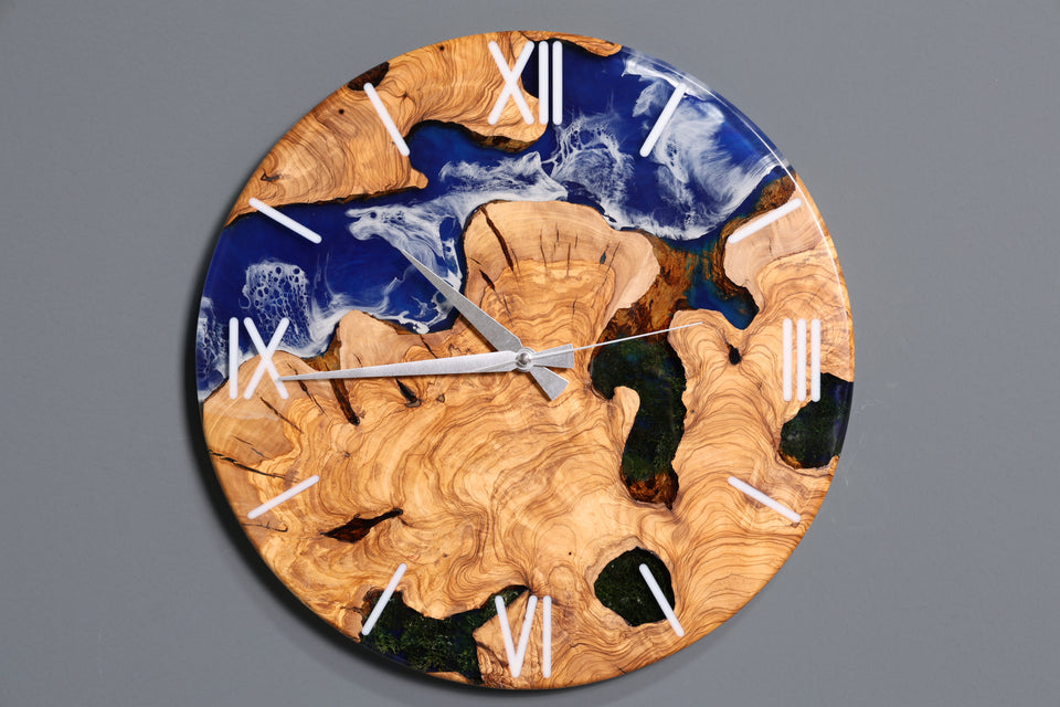 Handgefertigte Epoxidharz Uhr Olivenbaum Epoxy Clock Wanduhr