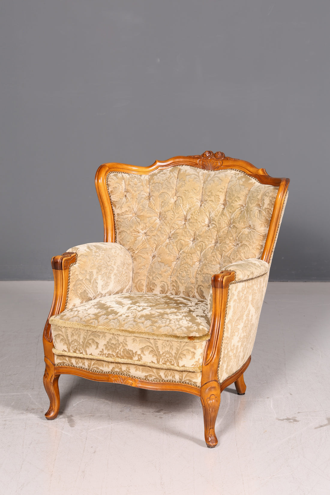 Elegant Chippendale Armchair, Baroque Style, Velvet Fabric, Antique Vintage