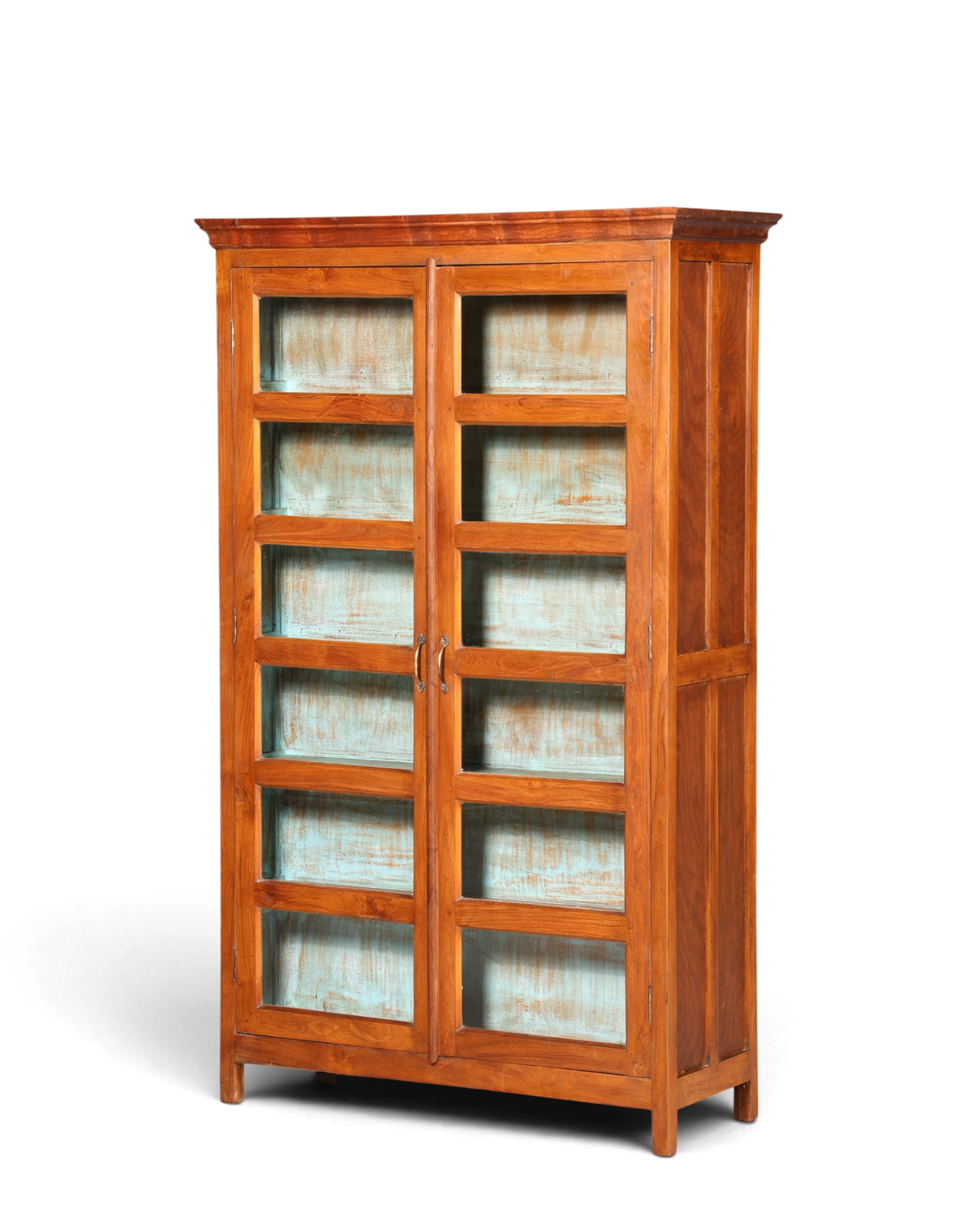 Hauptstadt Möblerei Vitrine aus massivem Holz im Kolonialstil mit verglasten Türen und türkisfarbener Rückwand