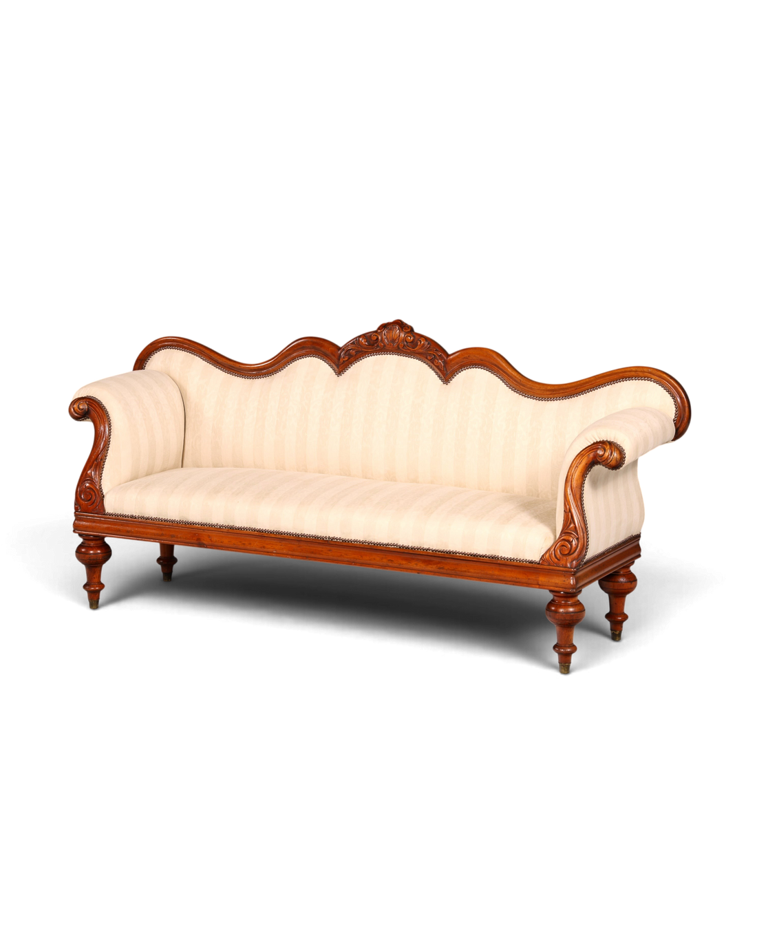 Hauptstadt Möblerei antikes Biedermeier Sofa im Louis-Philippe-Stil mit cremefarbenem Streifenbezug und Holzrahmen