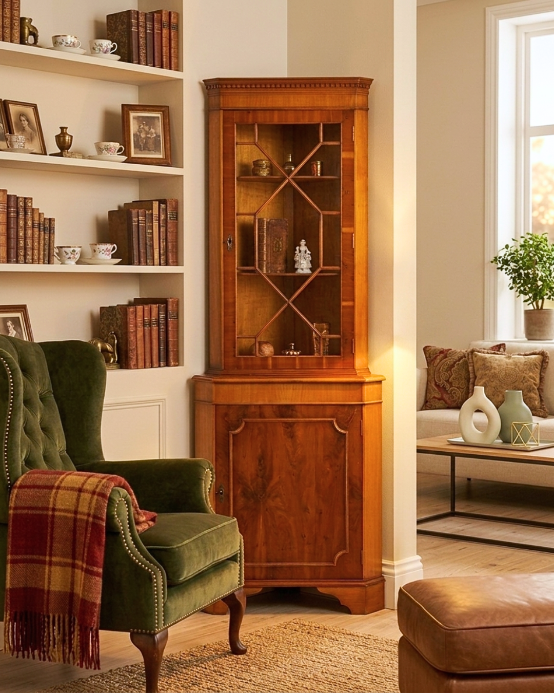 Beautiful English corner display cabinet antique 60s real wood yew cabinet corner cabinet glass display cabinet