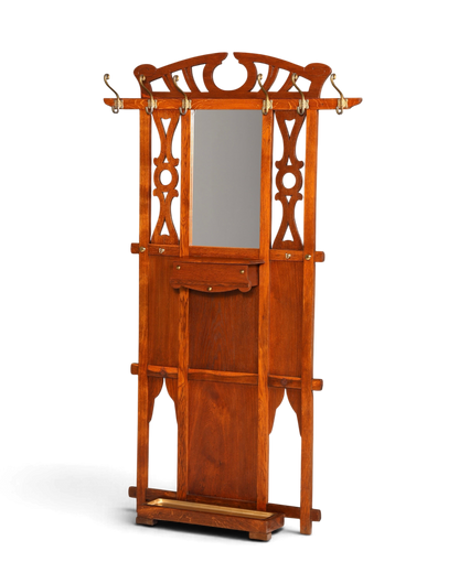 Hauptstadt Möblerei Jugendstil Wandgarderobe aus Holz mit Spiegel, Ablage und Messinghaken im Gründerzeit-Design