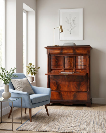 Hauptstadt Möblerei Biedermeier Sekretär aus massivem Holz mit Schreibklappe und Schubladen in einem hellen Wohnzimmer