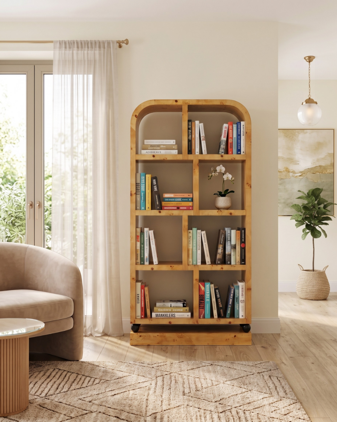 Hauptstadt Möblerei Art Deco Bücherregal aus hellem Birkenholz mit abgerundetem Design in einem eleganten Wohnzimmer