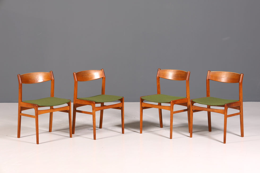 E111 Finish 4x Mid Century Teak Holz Stühle Made in Denmark Retro Stuhlset Danish Design Küchenstühle