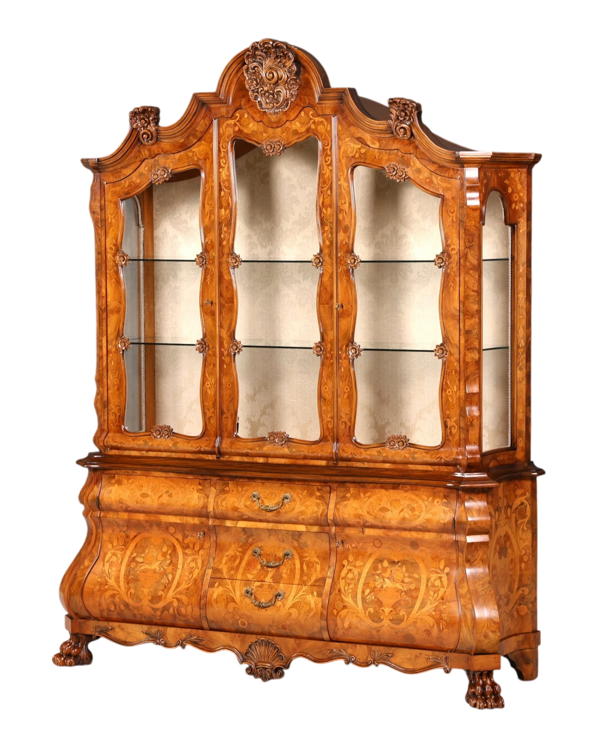 Prachtvolle Holländische Barock Vitrine Niederlande Schrank Intarsien Löwentatzen XXL Geschirrschrank Vitrinenschrank