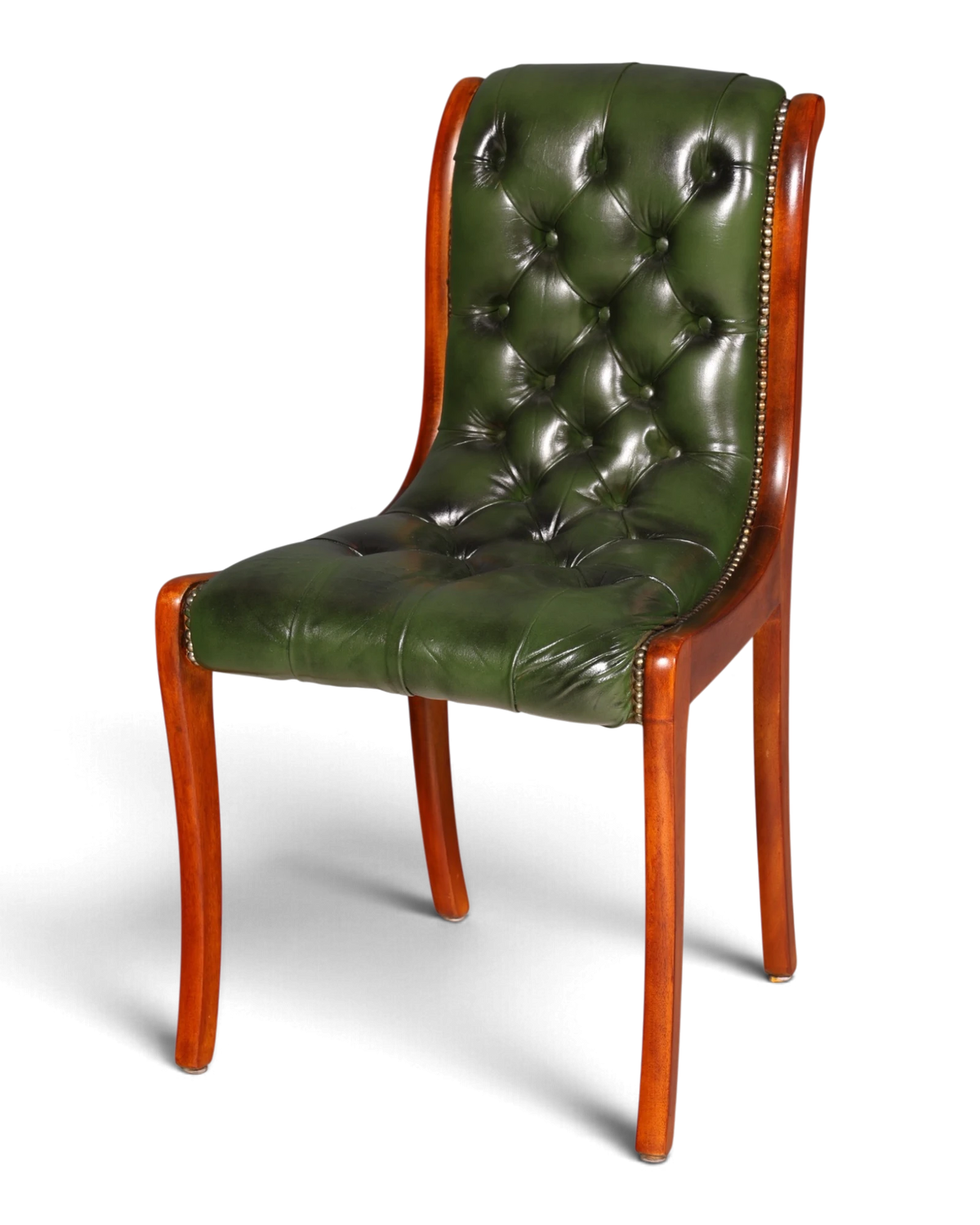 Elegant English Chesterfield chair, green leather, dining chair, upholstered chair with button tufting
