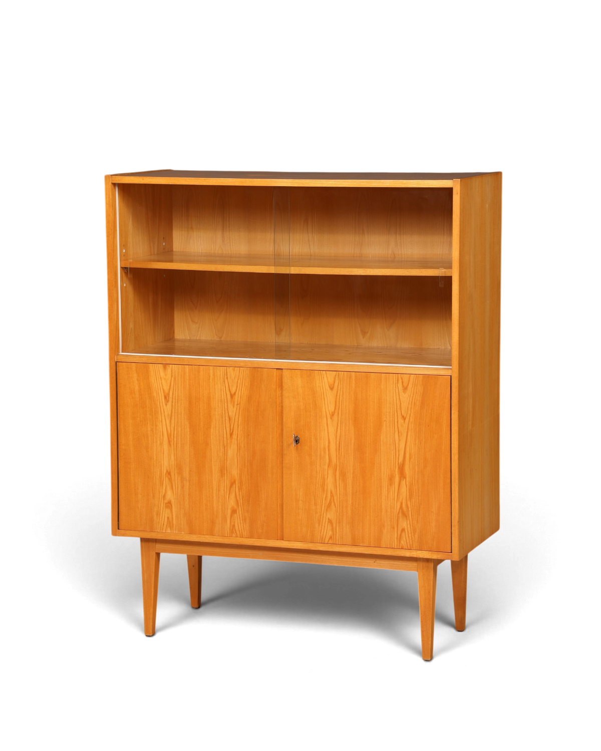 Hauptstadt Möblerei Vintage-Regalschrank aus hellem Holz mit Schiebetüren aus Glas und zwei unteren Holztüren