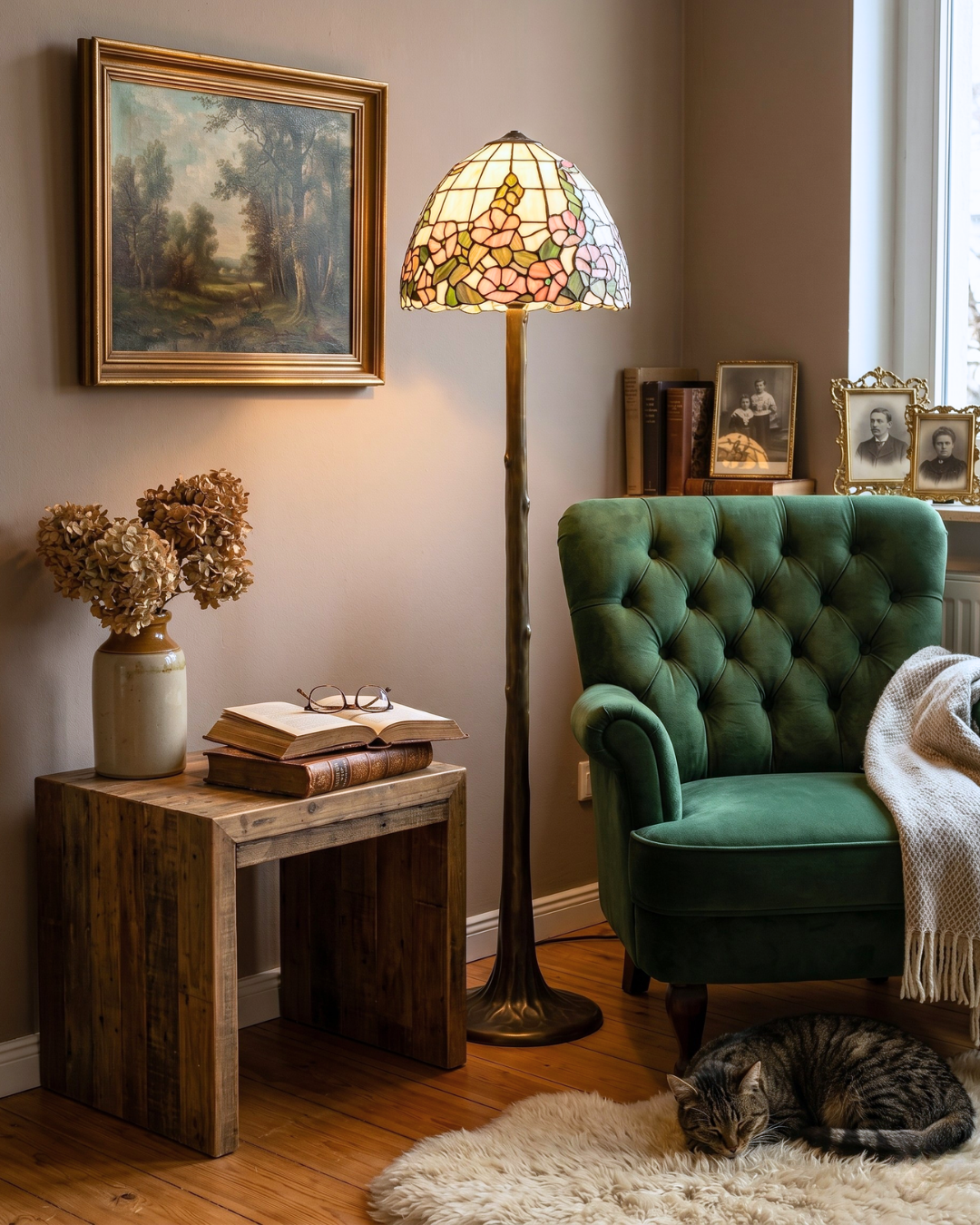 Traumhafte Antike Tiffany Stil Lampe Glaslampenschirm Messingfuß Stehlampe Leselampe