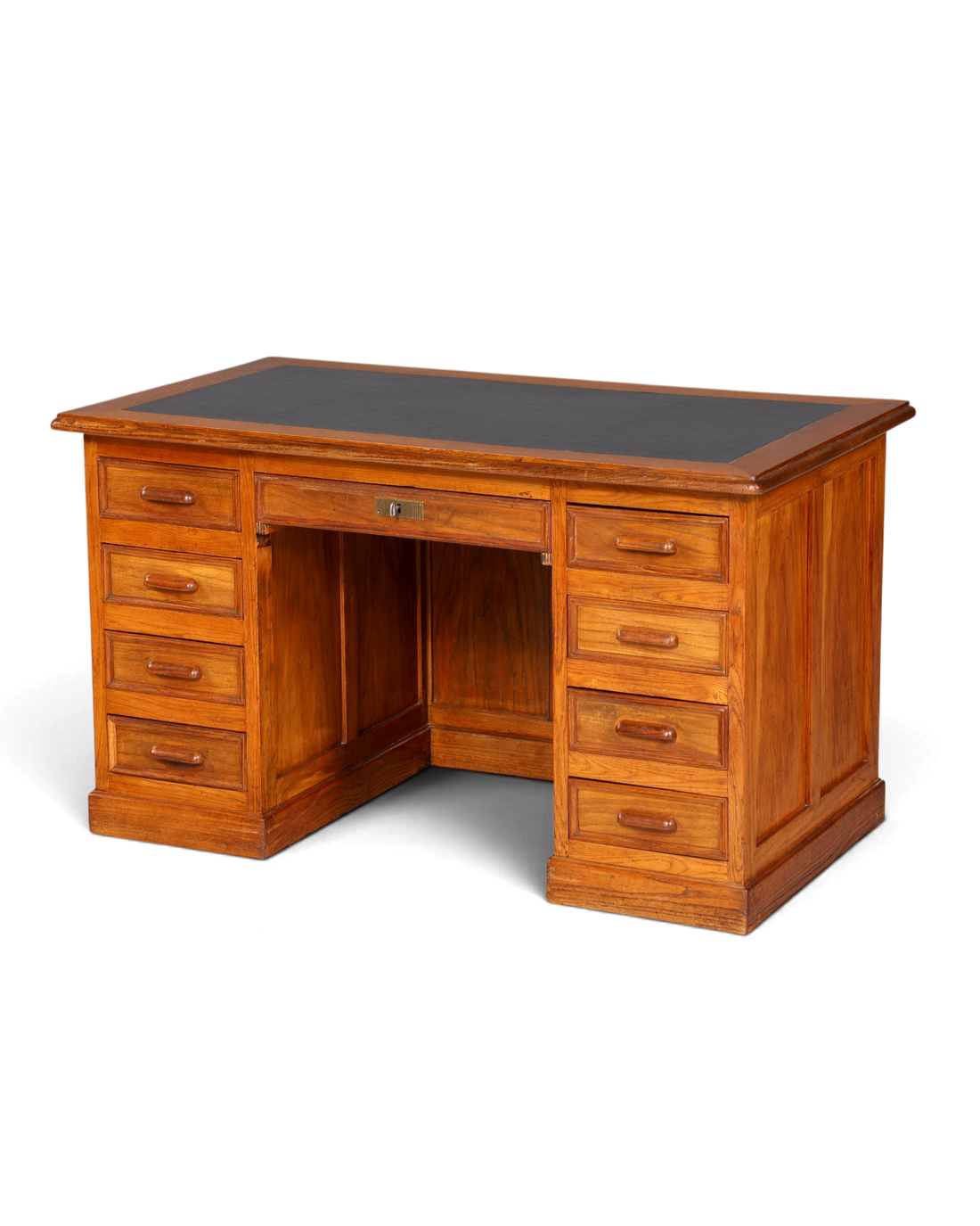 Hauptstadt Möblerei Schreibtisch aus massiver Eiche im Bauhaus-Stil mit schwarzer Schreibauflage und vielen Schubladen