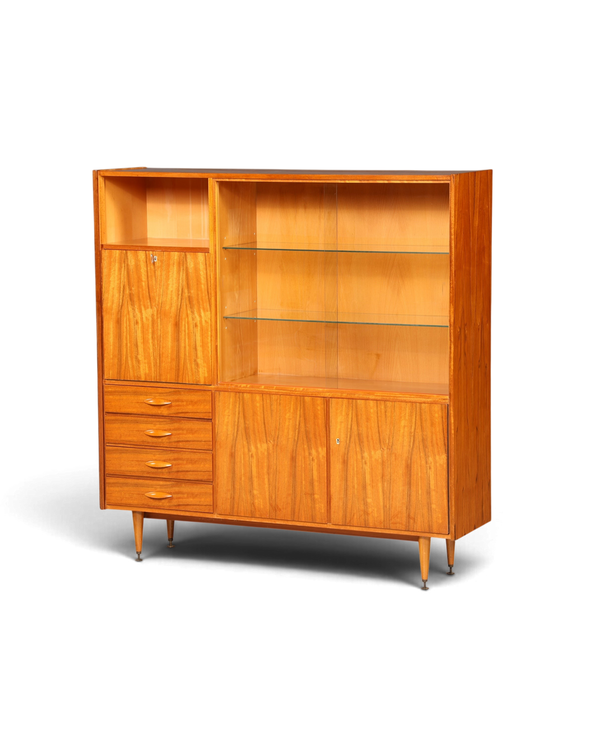 Hauptstadt Möblerei Mid Century Highboard aus Echtholz mit Glasschiebetüren, Schubladen und konischen Füßen