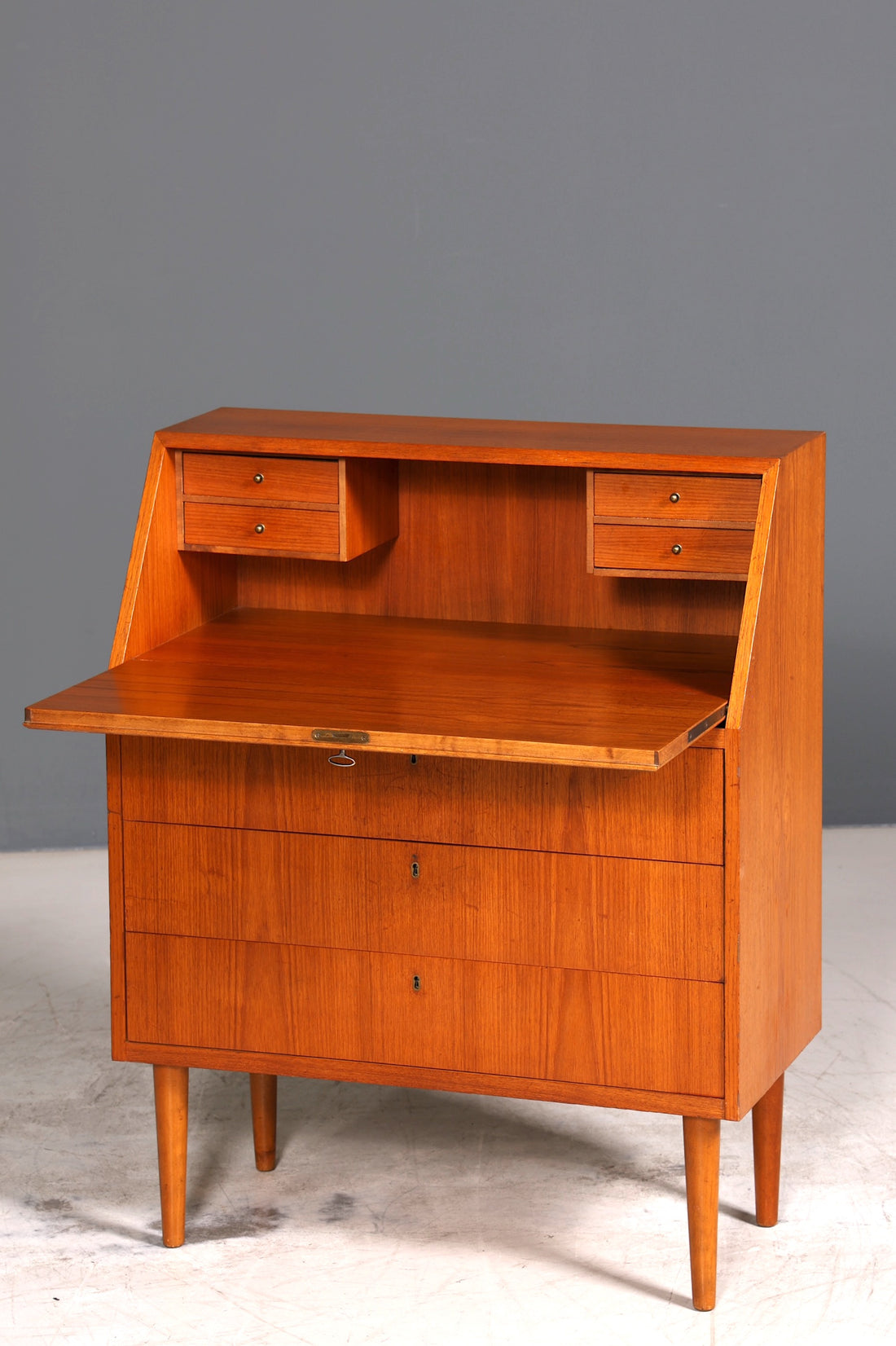 Schlichter Mid Century Sekretär Vintage Schreibmöbel Teak Holz Kommode Office Secretary